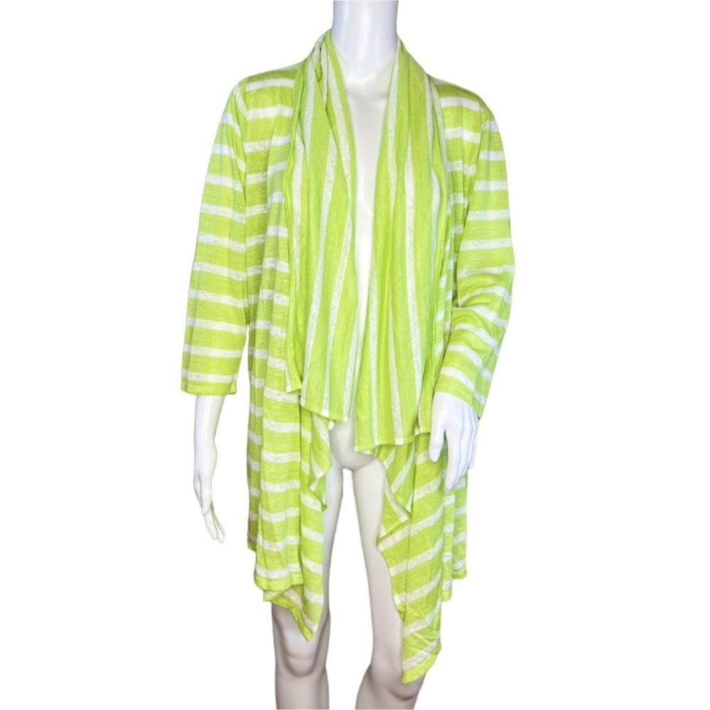 J. Jill Sweater Womens Small Green White Stripe Cardigan Asymmetric Open Linen